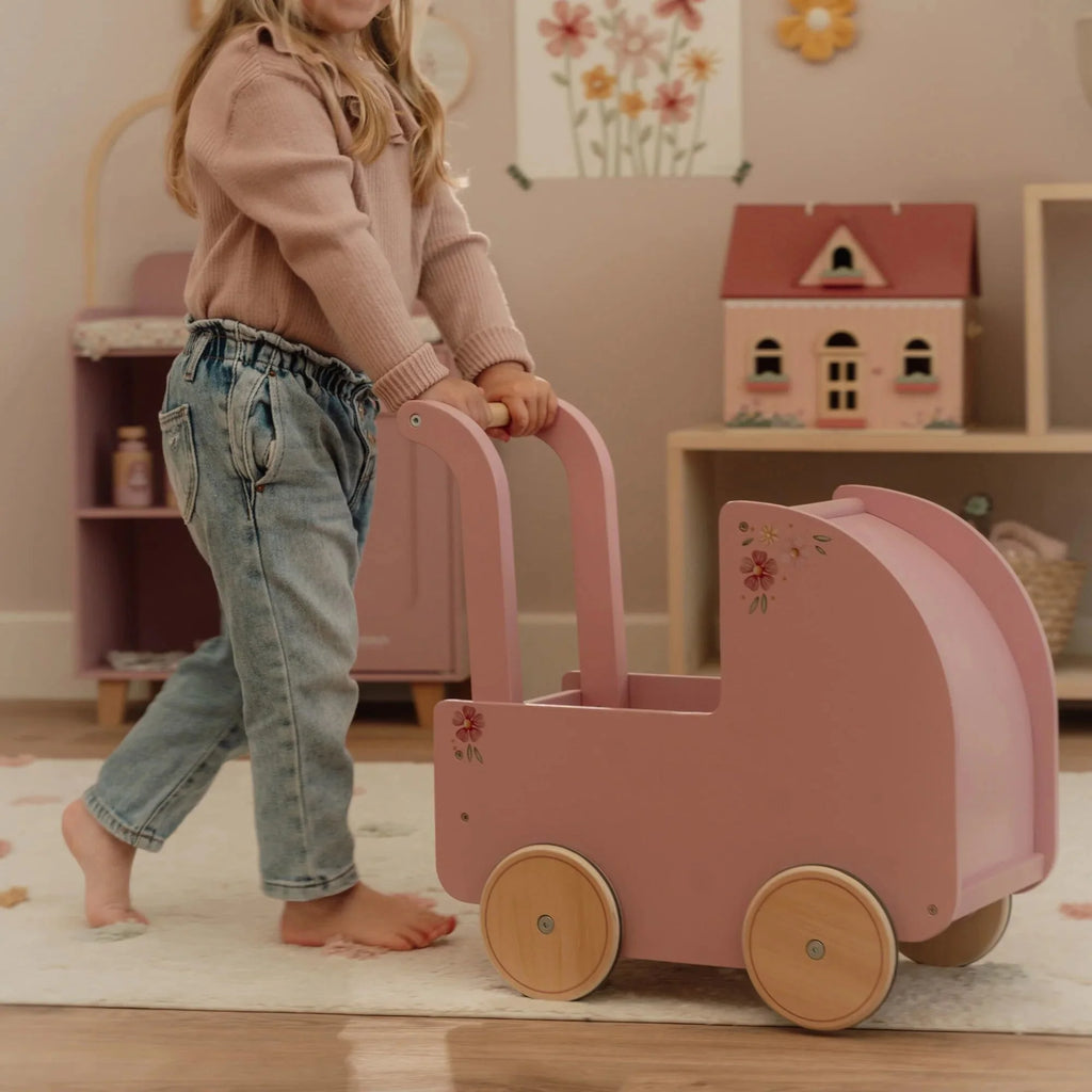 Houten poppenwagen - Roze