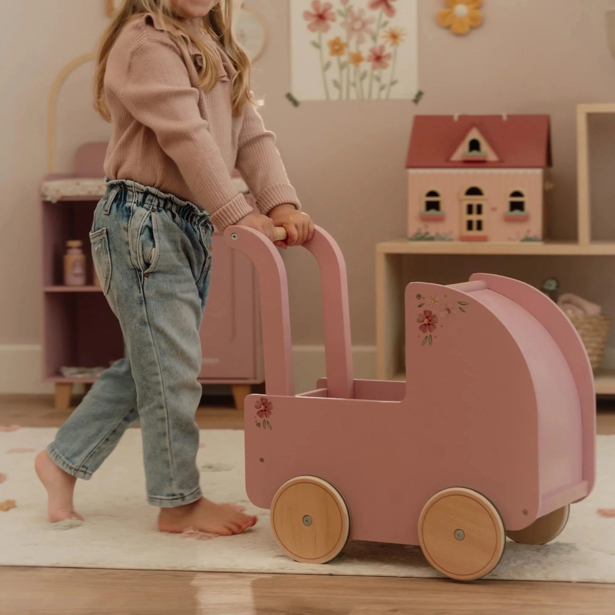 Houten poppenwagen - Roze