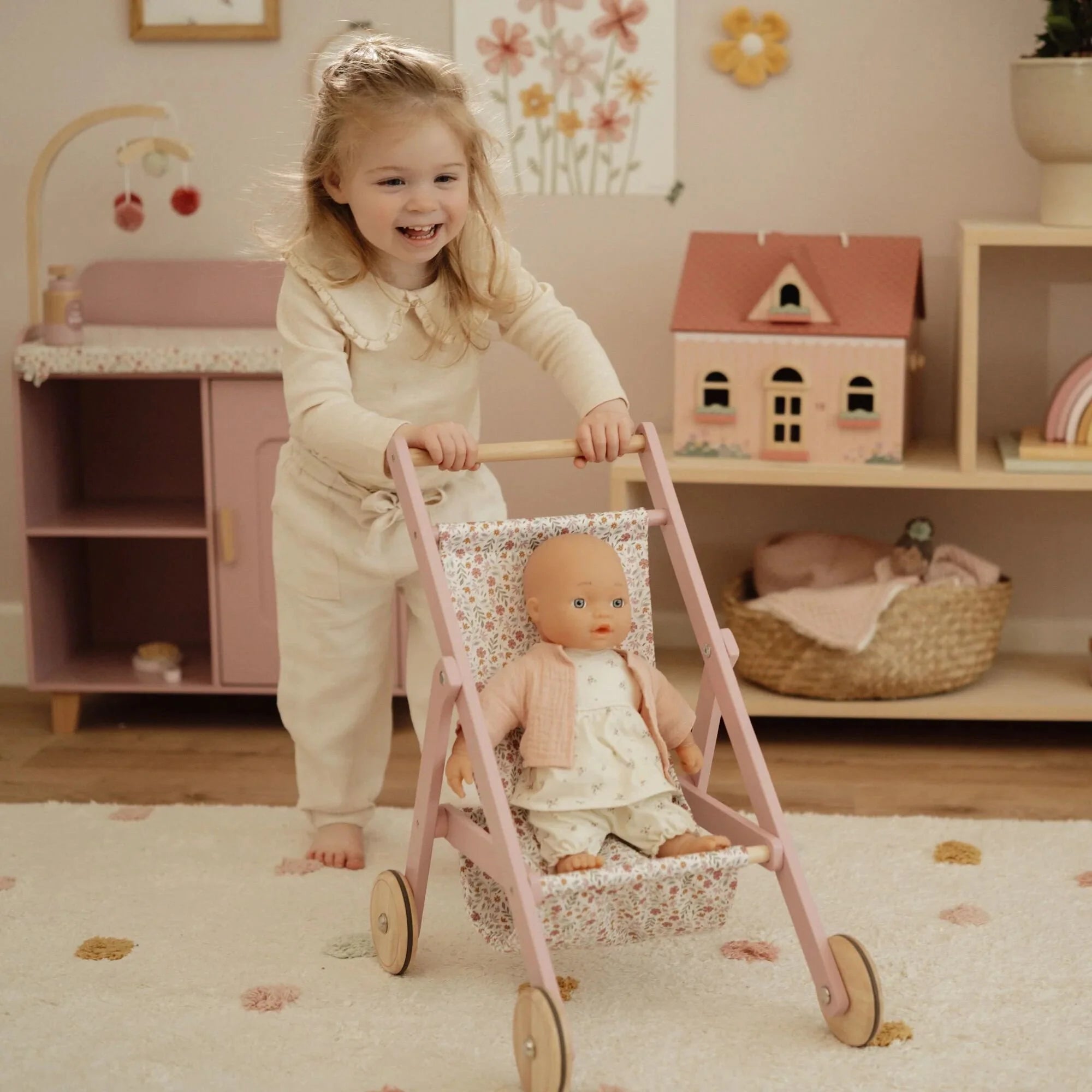 Houten poppenbuggy - Roze - Essentials